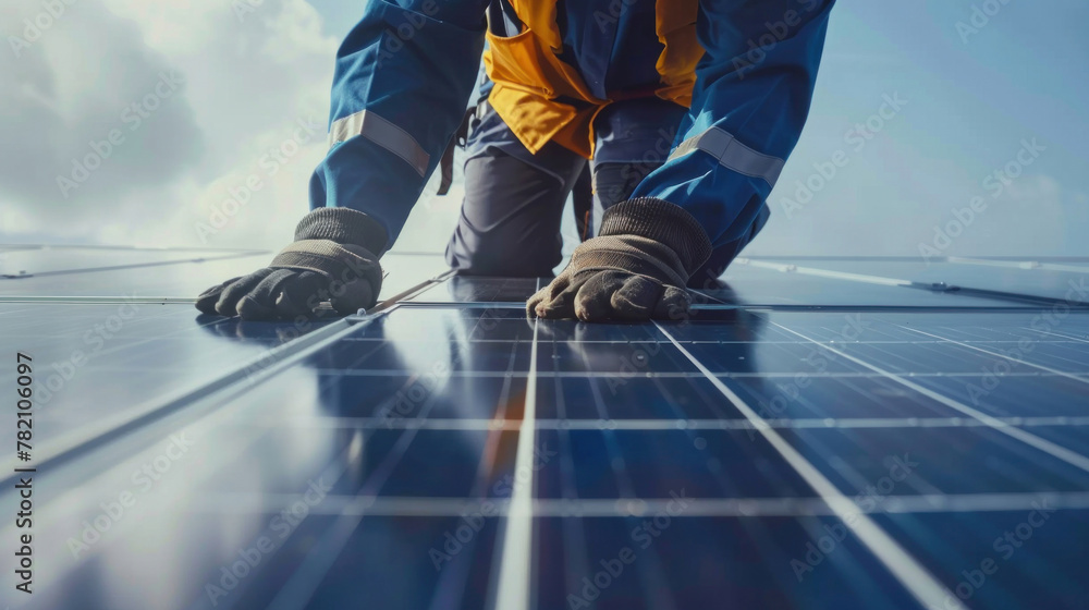 The manufacturing prowess of a solar panel factory is evident in the hands of a skilled worker The manufacturing prowess of a solar panel factory is evident in the hands of a skilled worker