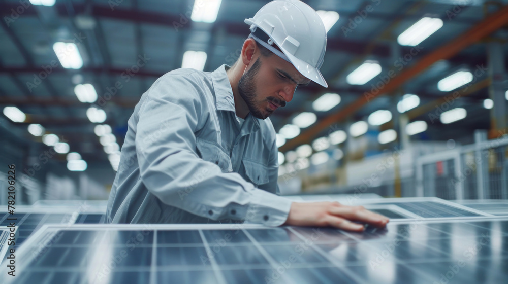 a worker contributes to the production of solar panels in a factory. a worker contributes to the production of solar panels in a factory.