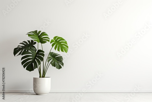 Minimalistic white room wall with a pot with monstera plant, shadow overlay.