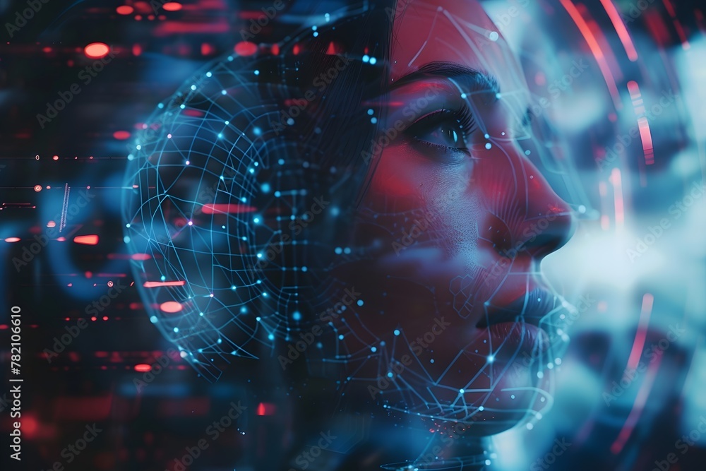 A woman's face is shown in a computer generated image with a blue background. The image is abstract and futuristic, with a lot of blue and red colors. The woman's face is surrounded by a web of lines - obrazy, fototapety, plakaty 