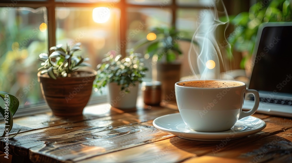 On a table a white cup with steaming black coffee, on a wooden table next to a laptop On a table a white cup with steaming black coffee, on a wooden table next to a laptop