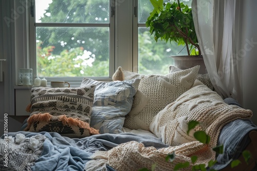 A cozy nest made of oversized pillows and soft throws on a rainy afternoon