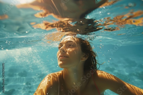 underwater view of redhead woman with black bikini and goggles swimming to breaststroke style in clear water of pool . Beautiful simple AI generated image in 4K, unique.