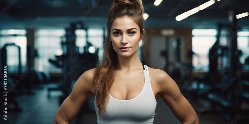 Fototapeta premium Fit sporty woman girl female athlete at gym background in good shape and sport outfit. Portrait face with