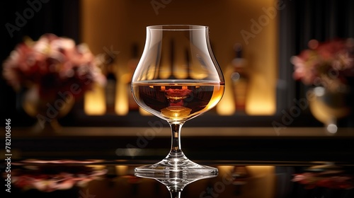 Wine glass with cognac rests on table near fireplace