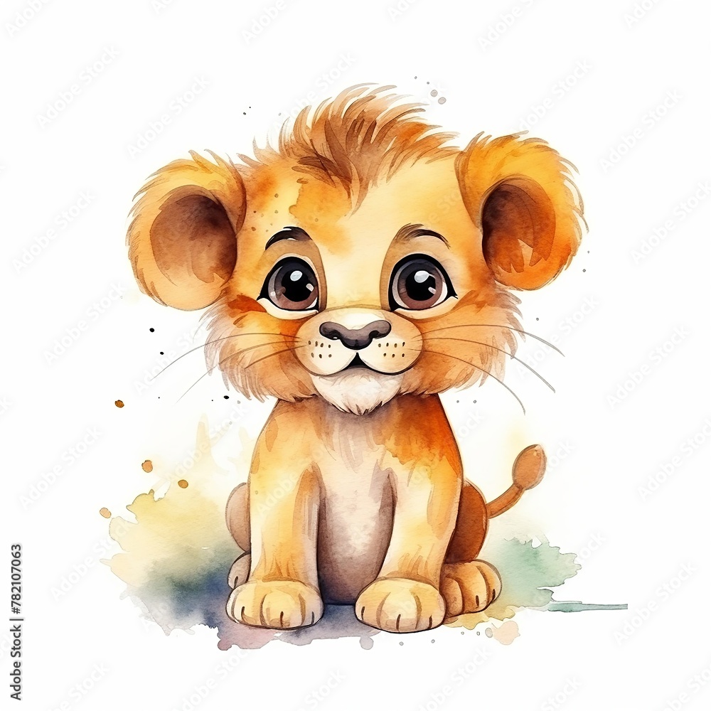 Fototapeta premium Cute watercolor smiling happy lion baby in winter