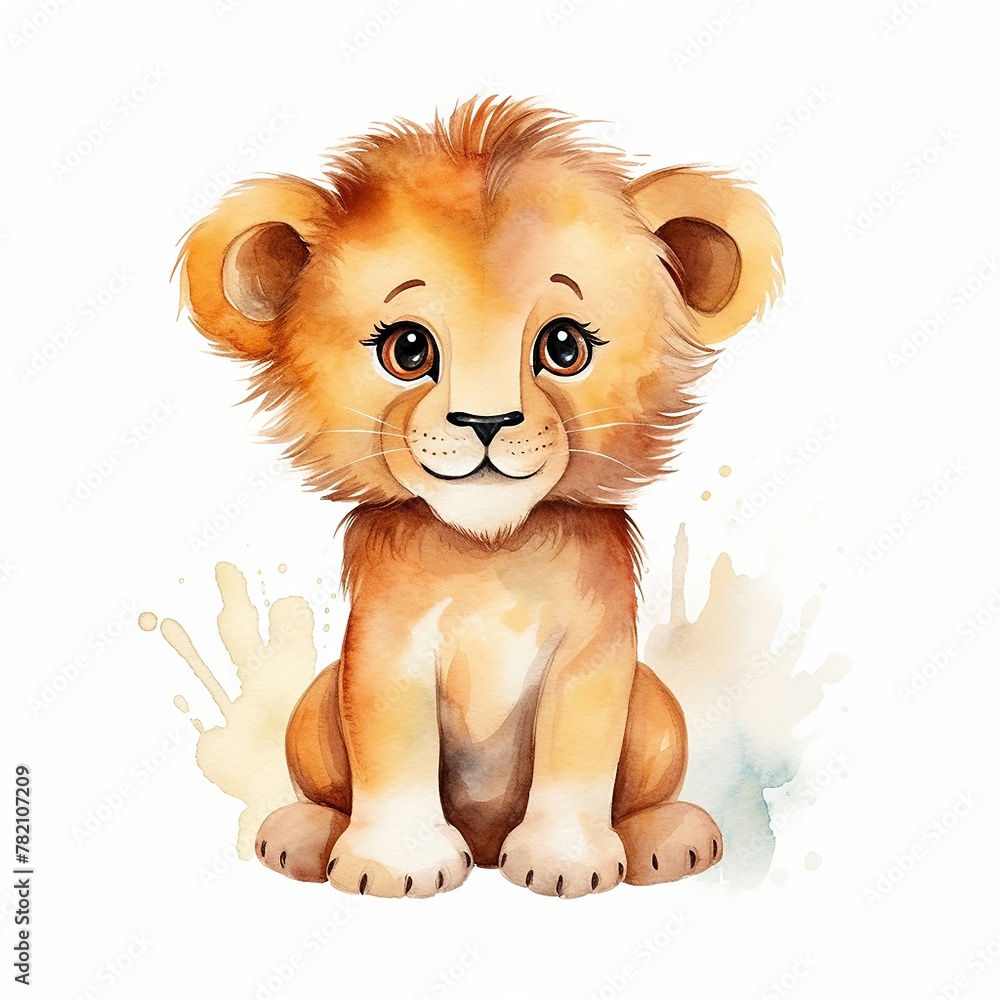 Fototapeta premium Cute watercolor smiling happy lion baby in winter