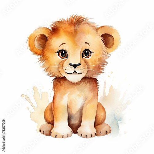 Cute watercolor smiling happy lion baby in winter