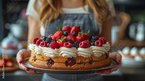 partial view of woman in apron preparing delicious sweet cake with berries in kitchen.