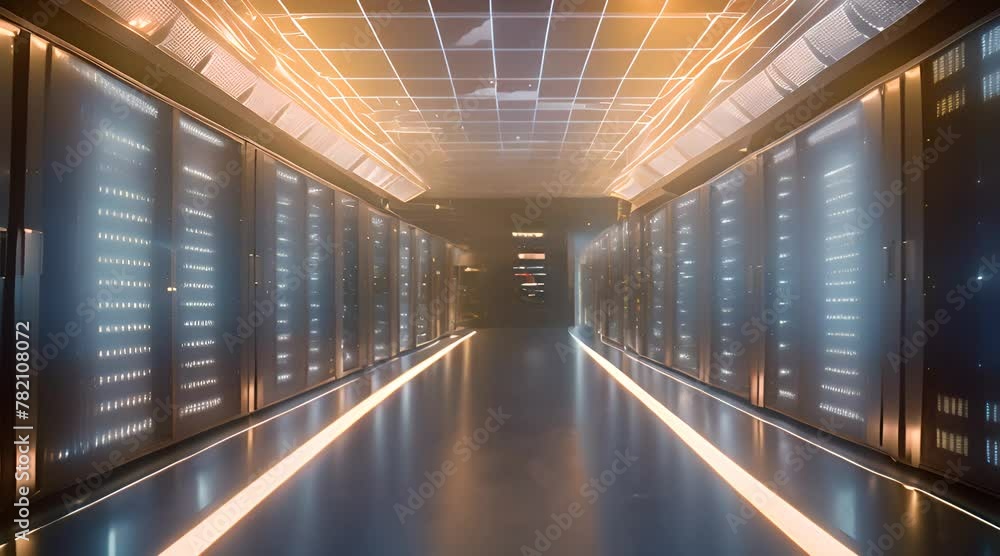 A computer server room with a large cloud in the middle The room is filled with rows of servers and the cloud is glowing Scene is futuristic and technological A computer server room with a large cloud in the middle The room is filled with rows of servers and the cloud is glowing Scene is futuristic and technological