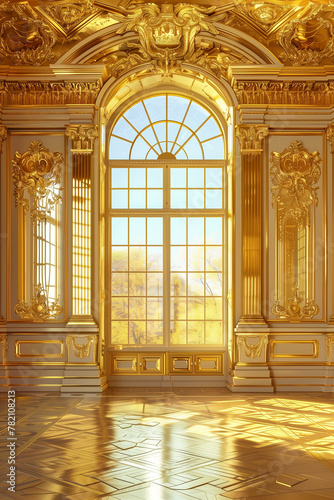 Majestic golden ballroom interior with opulent baroque decorations bathed in sunlight.