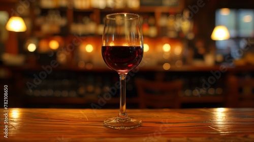 Red wine in wine glass on bar table in drinking establishment