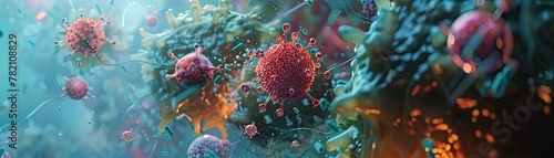 An abstract 3D visualization of antiviral immune response mechanisms within a human cell. #782108829