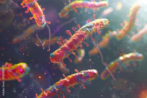 An abstract 3D scene depicting the concept of horizontal gene transfer among bacteria. © 220 AI Studio