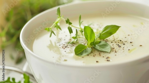 The luxury of a creamy soup is evident in its texture  the velvety whites blending seamlessly with herbs and spices to create a comforting masterpiece hyper realistic