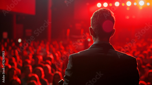 Businessman in suit  addressing crowd, back view. Ted speaker in red lights