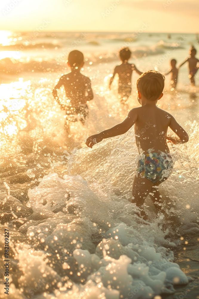 Children race to the shoreline, their playful splashes echoing the pure joy of beach vacations. Children race to the shoreline, their playful splashes echoing the pure joy of beach vacations.