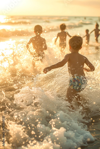 Children race to the shoreline, their playful splashes echoing the pure joy of beach vacations.