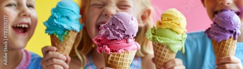 The joyful laughter of children echoes as they enjoy cones of pastel rainbow ice cream, each lick revealing a new layer of delightful color no dust photo