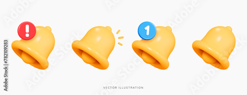 3D Notification bell set icon. New incoming inbox message. Social media reminder. Subscribe notice. Important news. Push notification. Cartoon creative design icon isolated on white. 3D vector objects