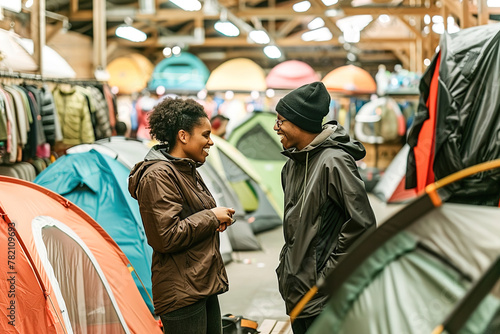 Two friends discussing the merits of different camping tents while surrounded by a variety of outdoor equipment options in a bustling store. photo