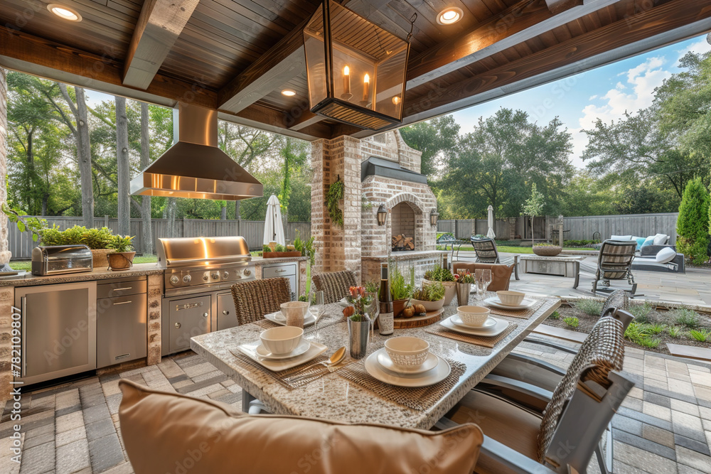 Luxurious home. Portraying a luxurious outdoor kitchen and dining area, complete with high-end appliances, granite countertops, and cozy seating arrangements.