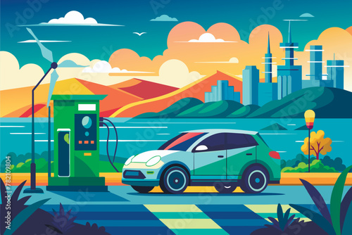 the concept of the modern city. The small car is recharged with environmentally friendly energy