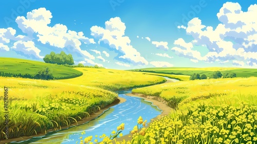 Yellow and green field river illustration poster background