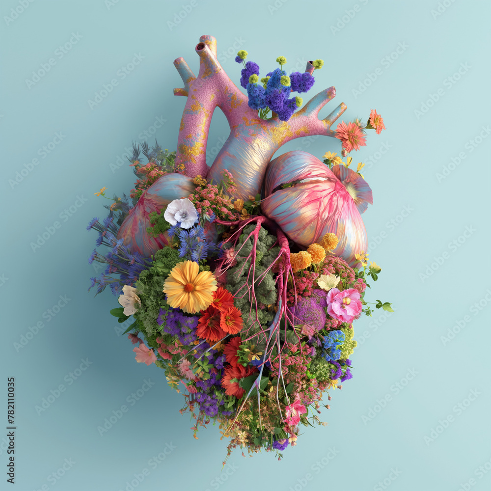 Colorful anatomical heart made from flowers and plants in pastel colors isolated on light blue background. Love and spring theme