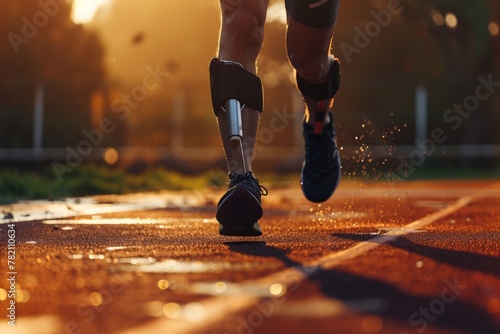 Healthy lifestyle. Legs of man in sport shoose taking run on warm autumm day. Beautiful simple AI generated image in 4K, unique.