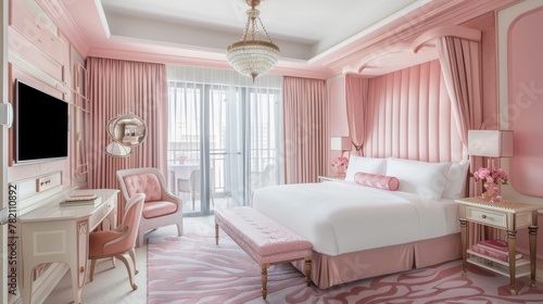 Soft and dreamy  the room is touched by whimsical pink accents  from the fluttering curtains to the plush pillows  creating a haven of calm and delight no splash