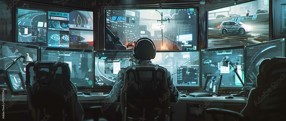 A security guard sat at his desk, surrounded by multiple monitors displaying real-time vehicle location and footage from the smart car scenes of all vehicles on their network A security guard sat at his desk, surrounded by multiple monitors displaying real-time vehicle location and footage from the smart car scenes of all vehicles on their network