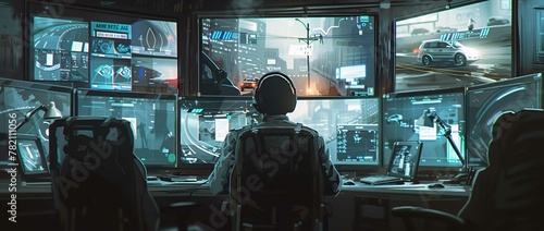 A security guard sat at his desk, surrounded by multiple monitors displaying real-time vehicle location and footage from the smart car scenes of all vehicles on their network