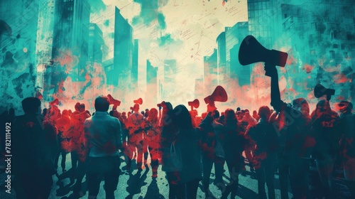 Red-Toned Crowd in Urban Setting with Megaphones as Symbol of Protest and Democracy
