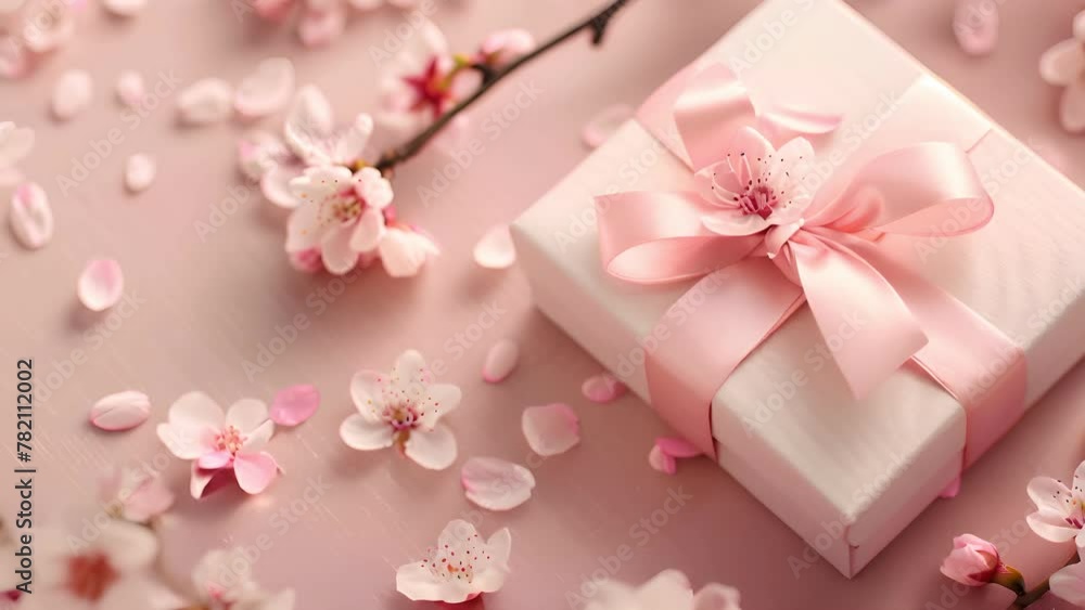 present gift box with tiny pale pink satin ribbon decorated with blooming sakura flowers on pale pink background, birthday, decorative, white, surprise, beautiful, wedding present gift box with tiny pale pink satin ribbon decorated with blooming sakura flowers on pale pink background, birthday, decorative, white, surprise, beautiful, wedding