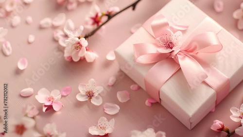 present gift box with tiny pale pink satin ribbon decorated with blooming sakura flowers on pale pink background, birthday, decorative, white, surprise, beautiful, wedding photo