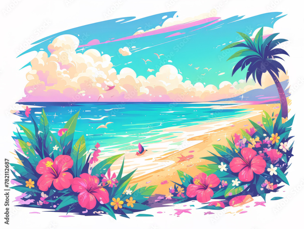 Colorful tropical beach illustration