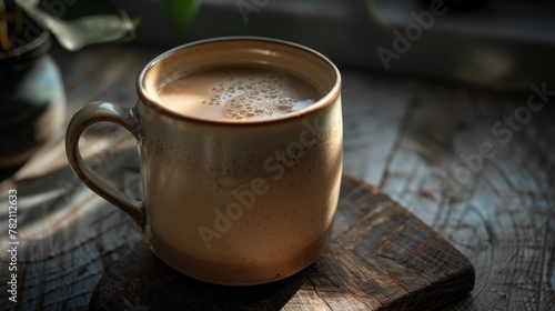 In the soft glow of the evening, a mug warmed with oat milk, its soft browns comforting and familiar, brings a gentle close to the day low noise