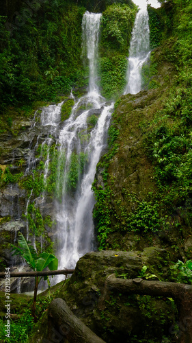 Tropical waterfall in the jungle. View of a waterfall in a tropical rainforest.