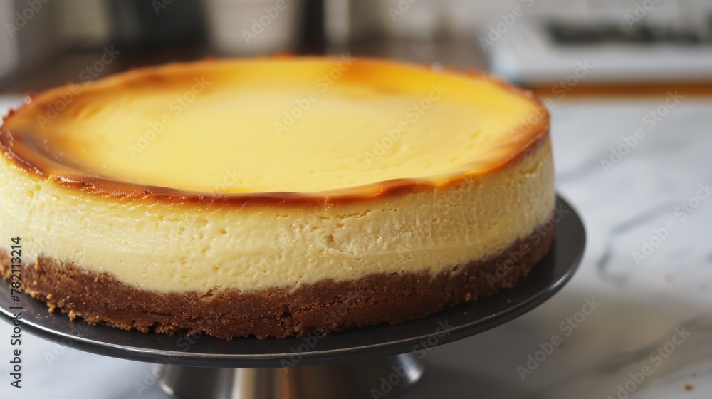 In the quiet of a kitchen, a cheesecake rests, its surface a canvas of vibrant warm yellows, promising a taste of serene indulgence low noise In the quiet of a kitchen, a cheesecake rests, its surface a canvas of vibrant warm yellows, promising a taste of serene indulgence low noise