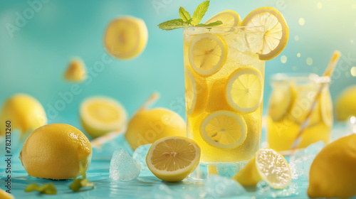 Bright summer background with lemons, green leaves, ice and lemonade on a blue background. Fresh and healthy summertime beverage. 