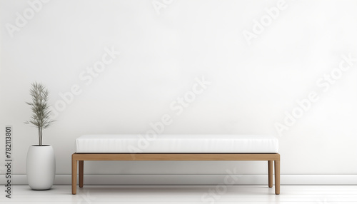 White minimalist bench with cushion and plant in a pot in front of a white wall background 3d render