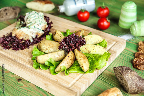 Wooden Cutting Board With Lettuce and Potatoes