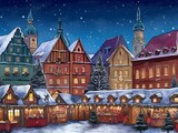 An enchanting illustration capturing the vibrant atmosphere of a festive Christmas market set against the backdrop of snow-covered historic buildings under a starry night sky