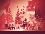 This stylized illustration beautifully conveys a family's warmth during the Christmas season, with gifts shared and festive trees illuminated, all enveloped in a cozy red glow