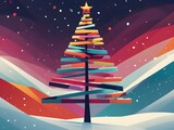 A dreamy illustration of a whimsical winter landscape, featuring a row of stylized Christmas trees in a gradient of vivid hues, under a soft, snowflake-filled sky