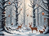 An enchanting winter forest scene, illustrated with a colorful array of wildlife, celebrating the serene beauty of nature during the holiday season