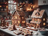 A home kitchen transforms into a festive gingerbread workshop, adorned with handcrafted gingerbread houses, a decorated Christmas tree, and the warmth of a winter day