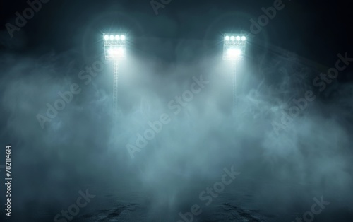 Ghostly lights tower above a shrouded stadium, their glow enveloped by the thick night fog, enhancing the mysterious ambiance.