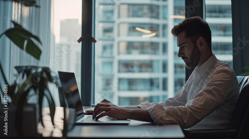 male worker working in laptop sitting at desk in modern technology company office 